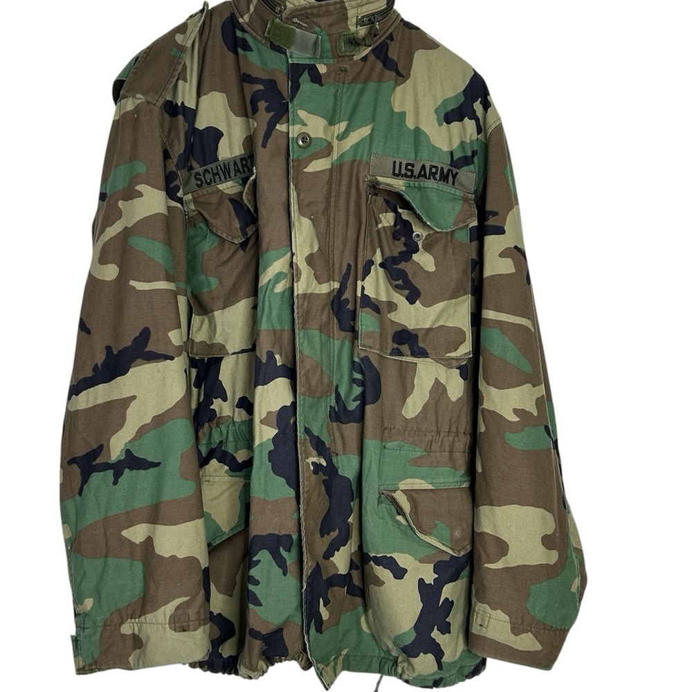 Vintage US ARMY Jacket Woodland Camo Combat Green Military Zipper Large Long